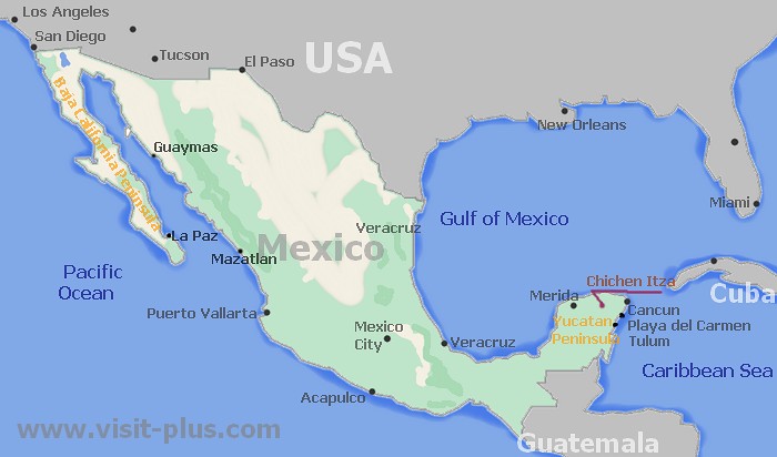 Карта Мексики. Курорты и города. 