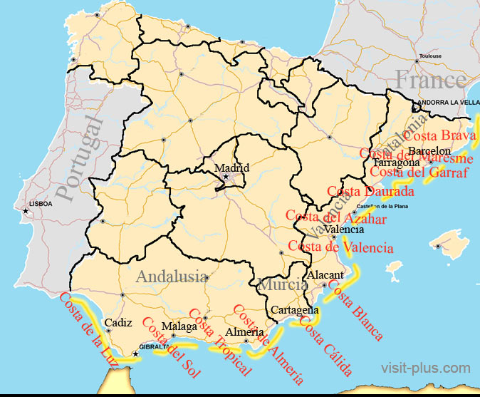 Kartta - lomakohteet Välimeren rannikolla Espanjassa