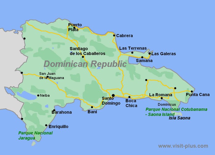 Dominikaanisen tasavallan kartta, Punta Cana, La Romana, Bavaro