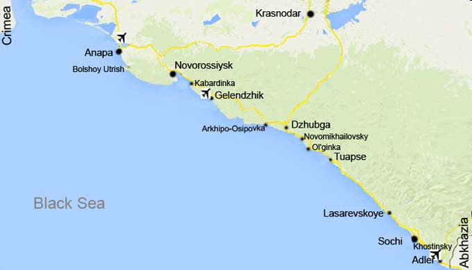 Расположение некоторых населённых пунктов на карте черноморского побережья России